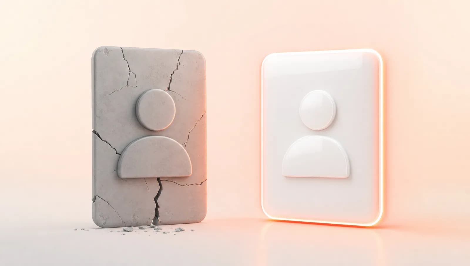 A cracked grey account card next to a stable glowing one