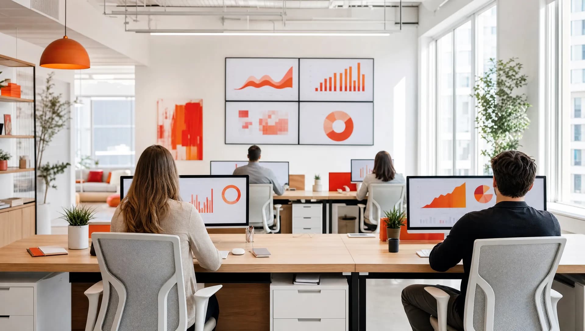Media buying team working in a bright modern office with analytics screens